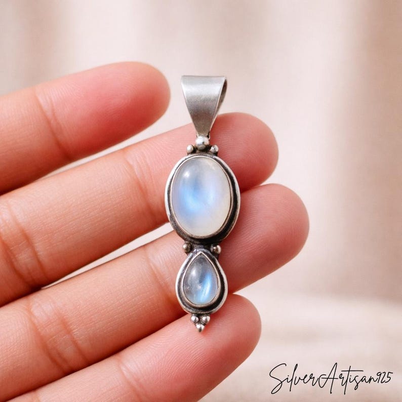 Garnet Sterling Silver Pendant: Oval Pear Bohemian Necklace Moonstone