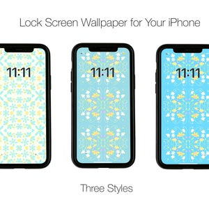 May include: Three iPhone lock screen wallpapers featuring a blue background with a pattern of yellow and white flowers. The time 11:11 is shown on each screen.