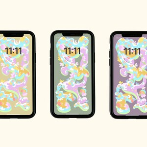 May include: Three iPhone mockups with different colored backgrounds. Each phone displays a digital clock with the time 11:11. The background of each phone is a different color: yellow, green, and purple. The background of each phone features a colorful abstract design with flowers and swirls.