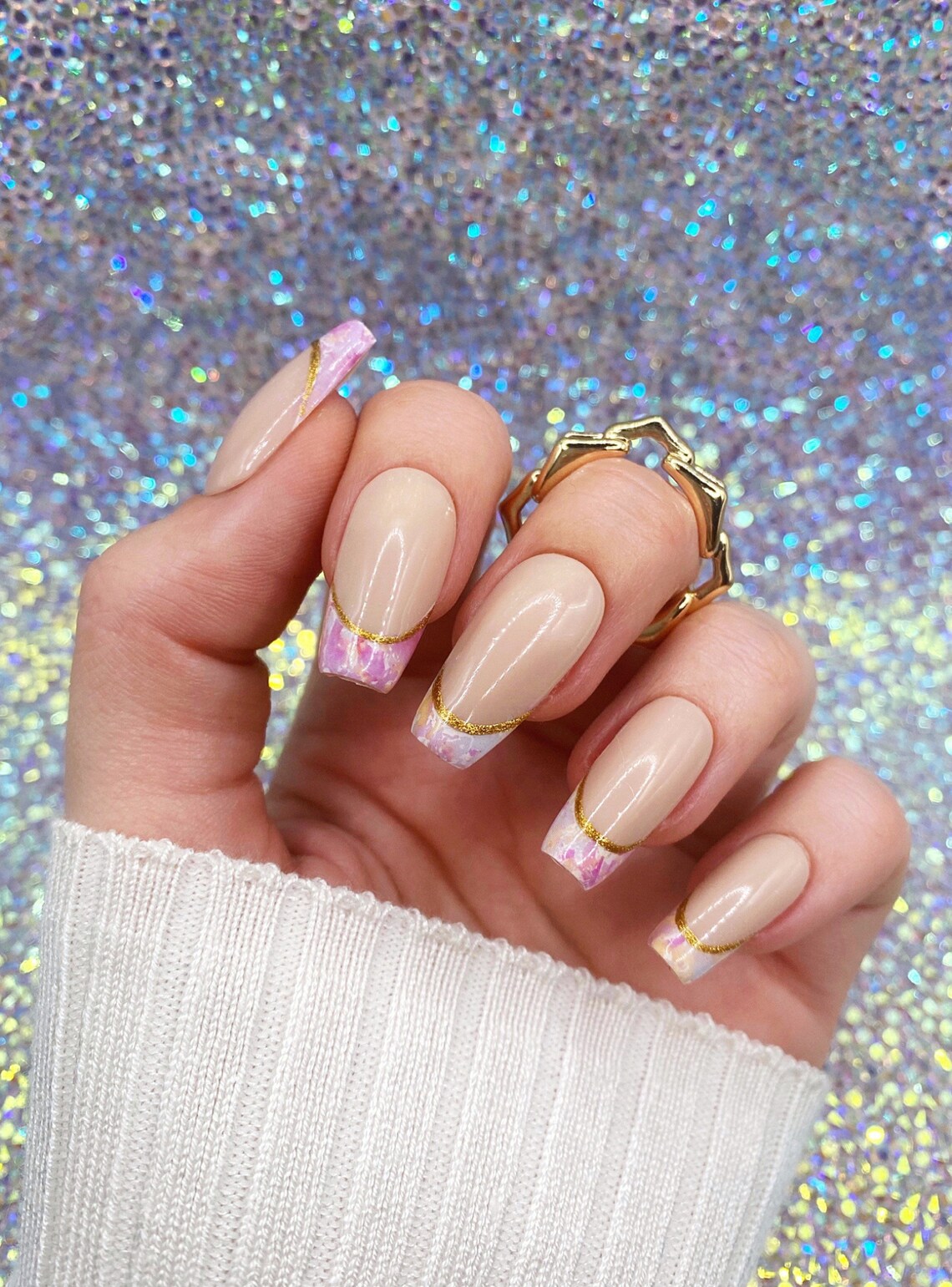 Marble French tips Medium Coffin Etsy