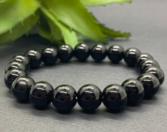Pulsera de cuentas de vidrio negro de 10 mm