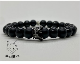 Pulsera de cuentas de ónix y cristal negro con corona / Joyería para hombre