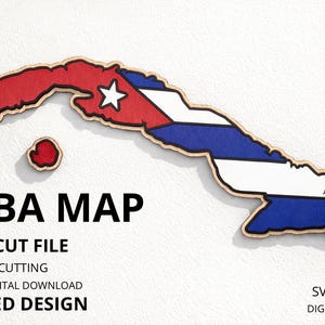 Puede incluir: Un mapa de madera de Cuba, pintado en rojo, blanco y azul, con una pequeña isla separada. El texto "CUBA MAP" está debajo del mapa, junto con detalles sobre el archivo de corte láser y la descarga digital.