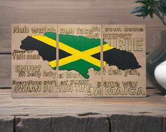 Handmade Jamaica Map Wooden Triptych: Caribbean Wall Art
