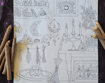 A Witch’s Home / Witch Coloring Book Page / Hand-drawn art / Adult Coloring Page / Printable Coloring Book / Halloween