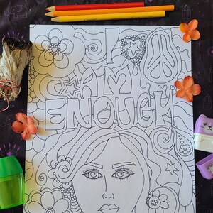 I am Enough Hand-drawn Coloring Book Page / Empowering & Inspirational Adult Coloring Page / Printable Coloring Book / Positive Vibes