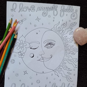 Moon & Sun / Empowering Hand-drawn Coloring Book Page / Adult Coloring Page / Printable Coloring Book / Stress Relief/ Print your own