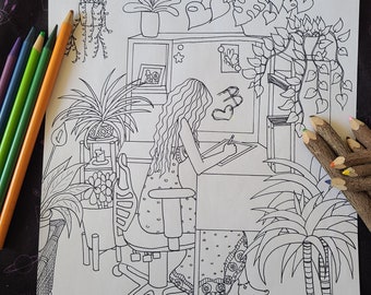 Erika Eclectik Self-Portrait Coloring Book Page / Hand-drawn Coloring Book Page / Plant Lover Coloring Page / Printable Coloring Book