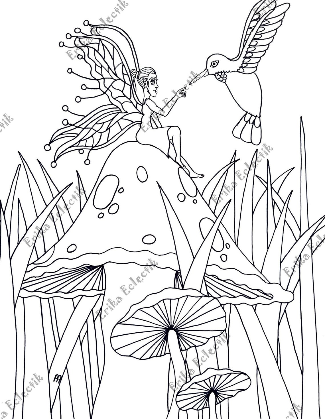 Forest Fairy Coloring Book Page / Hummingbird & Mushroom / - Etsy