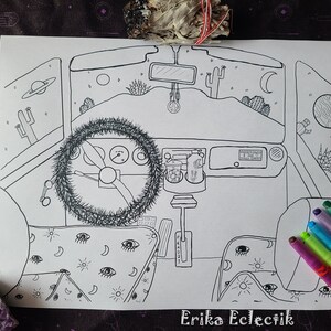 A Witch&#39;s Car Hand-drawn Coloring Book Page // Erika Eclectik printable adult coloring page // Wicca // Occult // Witchy Coloring