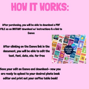 Puede incluir: Fondo rosa con el texto "HOW IT WORKS:" en letras grandes de color rosa. El texto de abajo explica c&oacute;mo descargar un archivo PDF con instrucciones y un enlace a Canva. El texto tambi&eacute;n explica c&oacute;mo editar el texto, la fuente, la fecha, etc. de forma gratuita. La imagen muestra un collage de 40 portadas de libros con tem&aacute;tica de viajes con el texto "TRAVEL BUNDLE 40 EDITABLE COVERS" en un cuadro blanco.