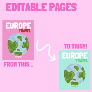 Puede incluir: Plantilla de p&aacute;gina editable con fondo rosa. La plantilla presenta una ilustraci&oacute;n de globo terr&aacute;queo con el texto "Europe Travel" y "Summer 23".