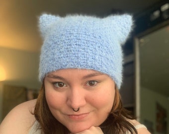 Blue Fuzzy Cat Ear Crochet Beanie
