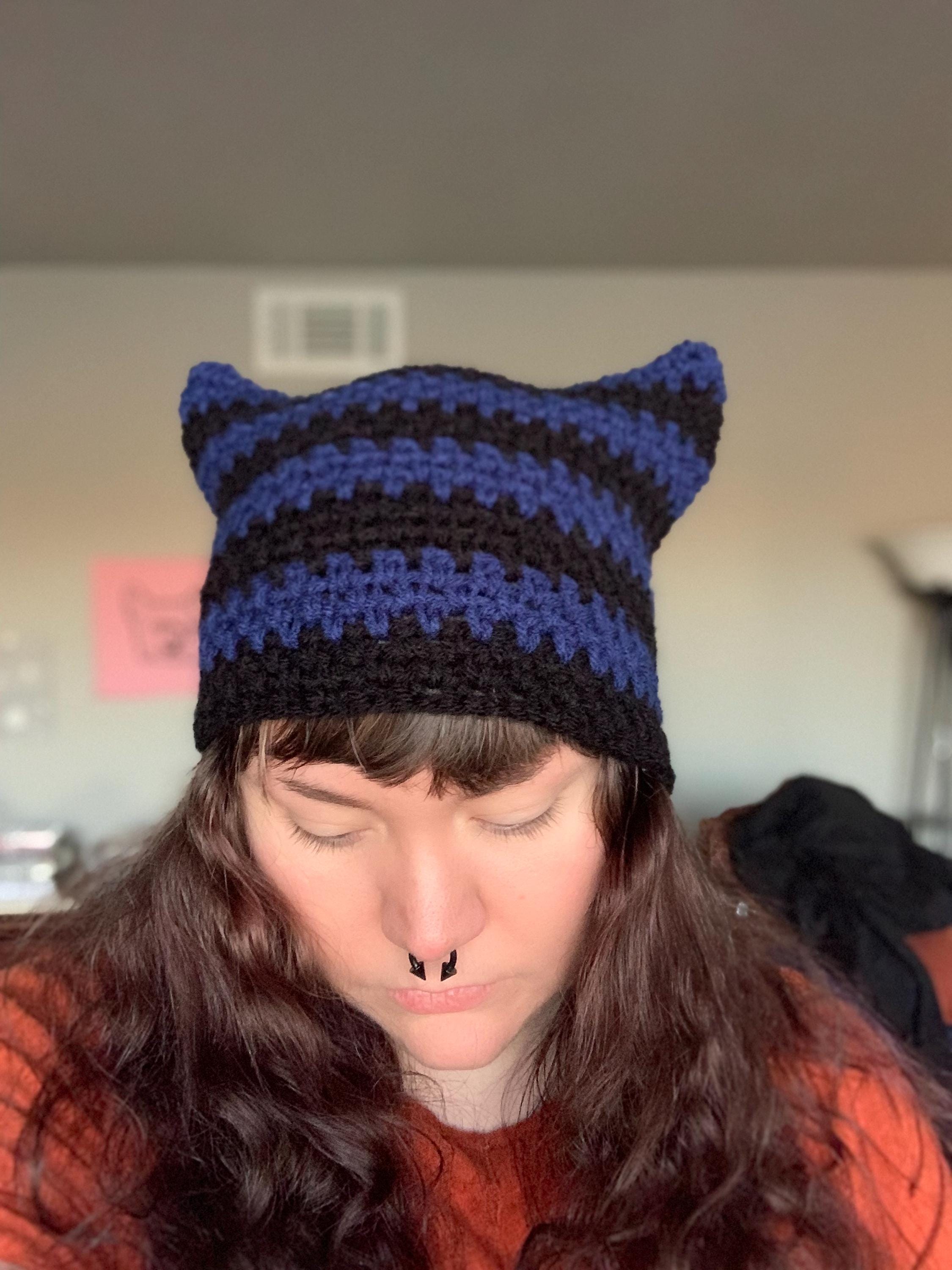 Women's Winter Cat Ear Beanie - Double Layer Crochet Skull Cap With Tail (Blue)