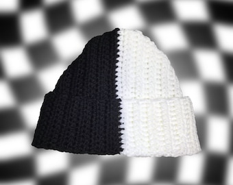 Black & White Split Color Crochet Beanie