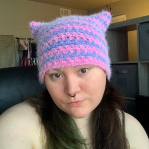 Fuzzy Pink & Blue Stripe Cat Ear Crochet Beanie