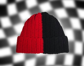 Red & Black Split Color Crochet Beanie