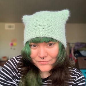 Fuzzy Light Green Cat Ear Crochet Beanie