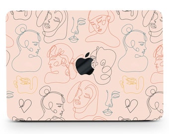 Esthétique Dame Visages Peinture Étui Rigide MacBook Air Pro 13 14 15 16 Toucher Abstrait Une Ligne Dessin Rose Fille Femmes Artwork Couverture Caoutchoutée