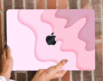 Girly Curved Wavy Painting Hard Case MacBook Air 13 Pro 14 15 16 Retina Gradient Pink Waves Abstract Print Caoutchouté Housse pour ordinateur portable + clavier