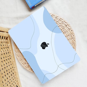 Aesthetic Blue Line Abstract Printing Hard Rubberized Case+kb for MacBook Air Pro 13 14 15 16 Minimal Waves Hand Drawing Protective Cover