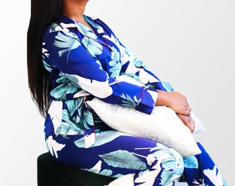 NAVY AMAZON - Pajama/Pyjama Set | Sleepwear, Top + Bottom + Belt, Floral, Tropical Design, High Quality, Soft and Silky, Pjs with design