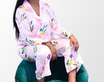 PINK SPRING - Pajama/Pyjama Set | Sleepwear, Top + Bottom, Floral, Pink silk, High Quality, Soft and Silky, Pjs with design