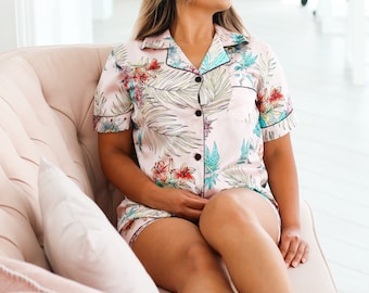 PINK RAINFOREST - Pajama/Pyjama Set | Sleepwear, Top + Bottom, Floral, Pink silk, High Quality, Soft and Silky, Pjs with design