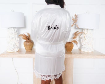 Lace White Robe (ONE SIZE) - Silk/Satin Bridesmaids (Bridal Party), Bride, Sleepwear | High Quality, (Colour: White) Kimono