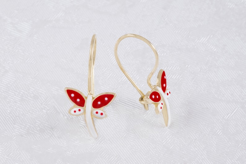 Red /& White Enamel Dragonfly Baby Girl Earrings 9K Solid Gold Toddlers Earrings Dainty Enamel Yellow Gold Little Girl Gold Earrings.