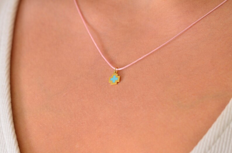 GirlFriend Charm Solid Gold Neclace Pure Yellow Gold Engraved Plate Cross 9K Gold Cross with Enamel Birthday Graduation Gift Under 25