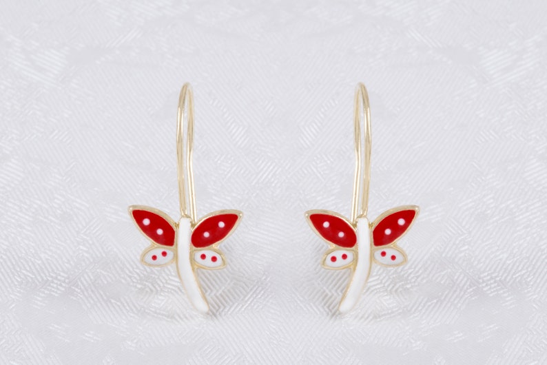 Red /& White Enamel Dragonfly Baby Girl Earrings 9K Solid Gold Toddlers Earrings Dainty Enamel Yellow Gold Little Girl Gold Earrings.