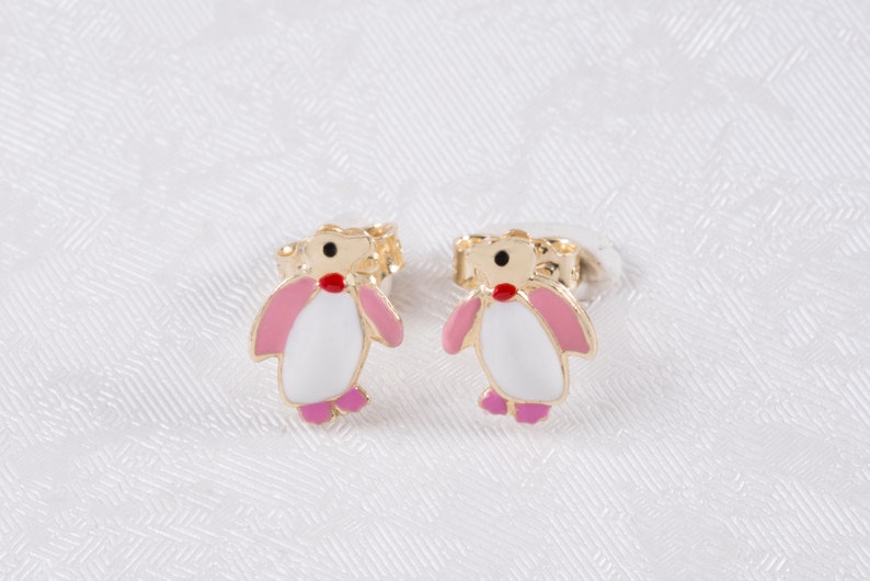 Gold Penguin Stud Girl Earrings,9K Solid Gold Hypoallergenic Earrings Little Girl Gold Birthday Earrings RoseWhite Red Enamel Earrings
