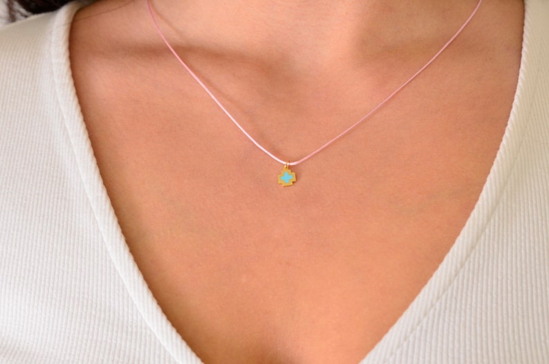 GirlFriend Charm Solid Gold Neclace Pure Yellow Gold Engraved Plate Cross 9K Gold Cross with Enamel Birthday Graduation Gift Under 25