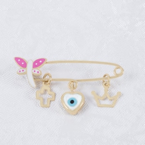 Baby Girl 9K Gold Brooch Pin, Gross Crown Evil Eye New Born Safety Pin, Baby Amulet Good Luck Pin, Protection Gold Jewel, Baby Shower Gift