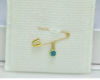 9K Evil Eye Solid Gold Safety Pin, Stroller Gold Brooch Pin, Evil Eye Protection, NewBorn Boy/Girl  Amulet, Good Luck Charm, Gold Charm