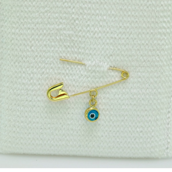 9K Evil Eye Solid Gold Sicherheitsnadel, Kinderwagen Gold Brosche Pin, Evil Eye Schutz, NewBorn Boy / Girl Amulett, Glücksbringer, Goldanhänger