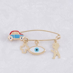 Baby boy Solid Gold Brooch Pin, Stroller Gold Safety Pin, Evil Eye Protection Pin, NewBorn Baby Amulet, Good Luck Pin, Protection Gold Charm