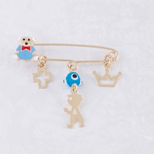 9K Yellow Gold Safety PIn, Gold Gross Crown Boy Evil Eye Solid Gold Baby Pin, NewBorn Baby  Amulet Good Luck Pin, Protection Gold Jewel