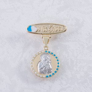 Jungfrau Maria und kleiner Jesus Sicherheitsnadel, 9K Gelb Weiß Massivgold, Baby Schutz Charm, christlich kybernetische griechisch Brosche Pin, Babyparty