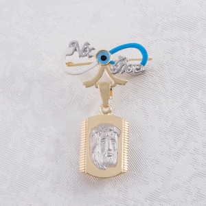 Jesus Safety Pin,New Born boy Gold Amulet, 9KYellow White Solid Gold, Baby Protection Charm,Christian Greek Brooch Pin, Shower Baptism Gift