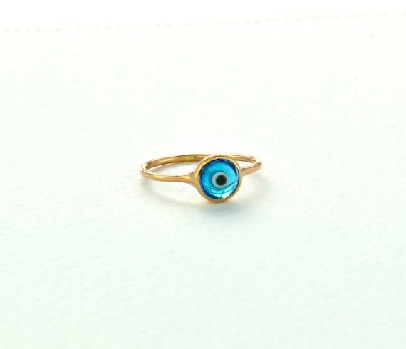 Evil Eye Solid Gold 18K Ring ,HandMade Mother of Pearl Evil Eye, Dainty Every Day 9K/14K/18K Pure Gold, Rose Yellow White Gold, Mother's Day