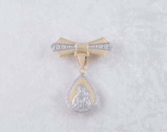 Virgin Mary & Little Jesus Safety Pin, 9K Yellow White Solid Gold,New Born Baby Protection Charm, Christian Orthodox Greek Brooch Pin.