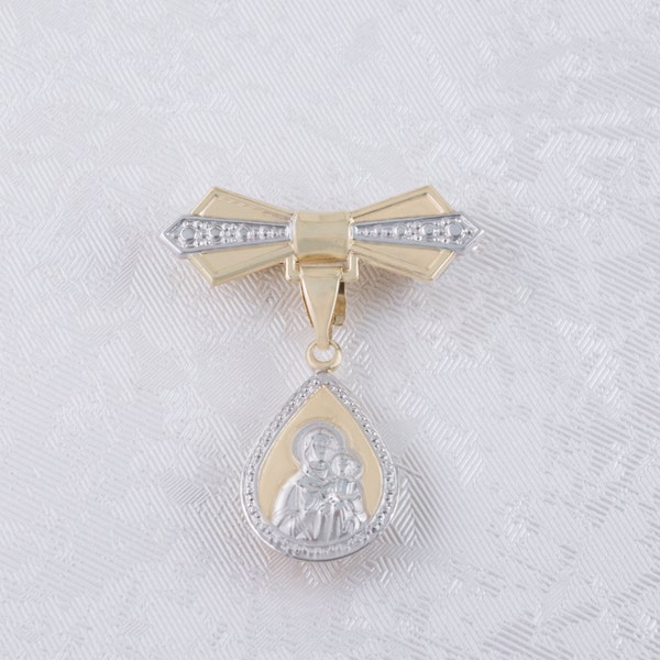 Virgin Mary & Little Jesus Safety Pin, 9K Yellow White Solid Gold,New Born Baby Protection Charm, Christian Orthodox Greek Brooch Pin.