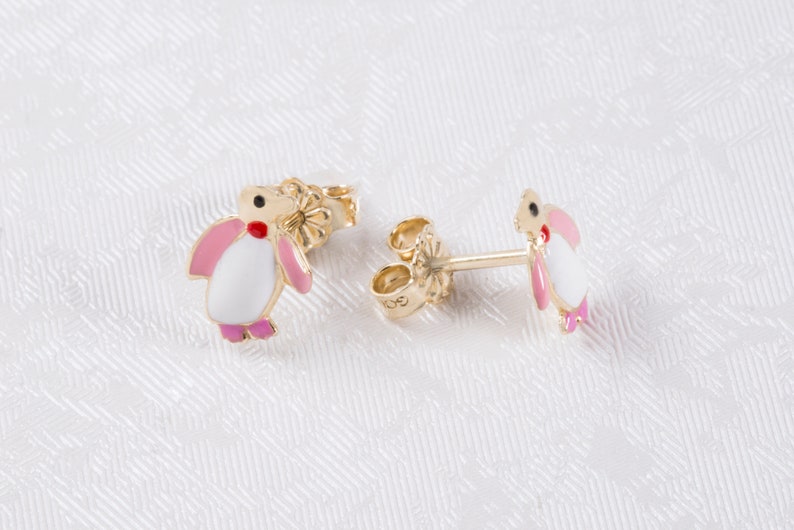 Gold Penguin Stud Girl Earrings,9K Solid Gold Hypoallergenic Earrings Little Girl Gold Birthday Earrings RoseWhite Red Enamel Earrings