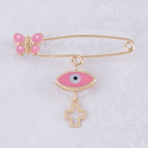 Baby Girl 9K Gold Evil Eye Brooch Pin, Rose Evil Eye & Cross Safety Pin, Baby Amulet Good Luck Pin, Protection Gold Jewel, Baby Shower Gift
