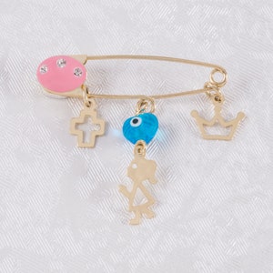 9K Solid Gold Safety Pin, Stroller Gold Brooch Pin, Evil Eye Protection Pin, NewBorn Baby Amulet, Good Luck  Charm, Protection Gold Jewel