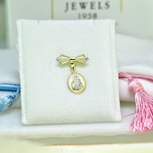 Virgin Mary & Little Jesus Safety Pin, 9K Yellow White Solid Gold,New Born Baby Protection Charm, Christian Orthodox Greek Brooch Pin.