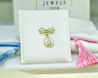 Virgin Mary & Little Jesus Safety Pin, 9K Yellow White Solid Gold,New Born Baby Protection Charm, Christian Orthodox Greek Brooch Pin.