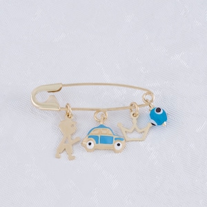 9K Yellow Gold Safety Pin, Gold Boy Crown Enamel Car Evil Eye, Solid Gold Baby Pin, NewBorn Baby Amulet Good Luck Pin, Protection Gold Jewel